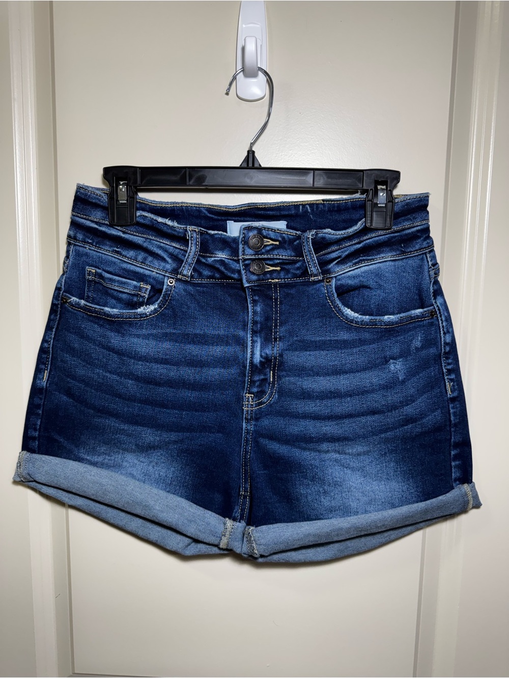 Zenana Outfitters Dark Blue Double-Button Roll Cuff Denim Shorts